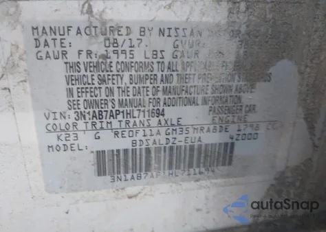 2017 Nissan Sentra Sv z USA, uszkodzony, nr VIN 3N1AB7AP1HL711694